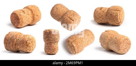 A set champagne cork stoppers isolated on white background close-up. Full focus. As a detail for the design. Stock Photo