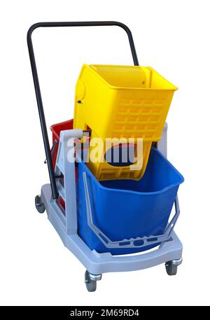 Three Plastic Buckets on a Cleaners Trolley Stock Photo