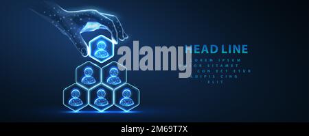HR manage. Abstract 3d human hand hold leader icon in hexagon on top of people pyramid. Manage human resurse, team leader, recruitment process, change Stock Vector