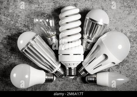 Top view of different light bulbs with different production technology and energy consumption, on a gray background Stock Photo