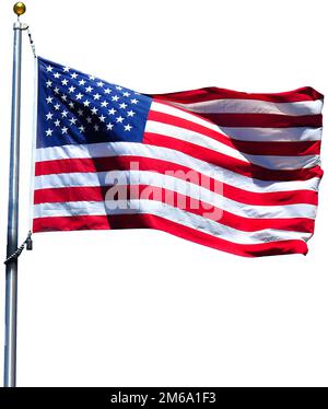 RIPPLING UNITED STATES FLAG FLYING ON FLAGPOLE WITH CLEAR BLUE SKY ...