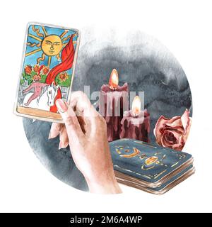 Tarot reader or fortune teller cards concept. Hand drawn watercolor illustration isolated on white background Stock Photo