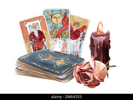 Tarot reader or fortune teller,  tarot cards and candles. Hand drawn watercolor illustration isolated on white background Stock Photo