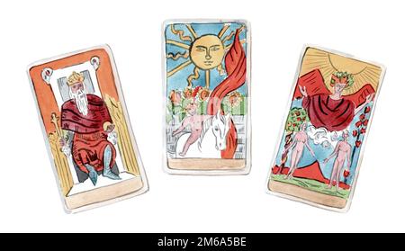 Tarot reader or fortune teller,  tarot cards set. Hand drawn watercolor illustration isolated on white background Stock Photo