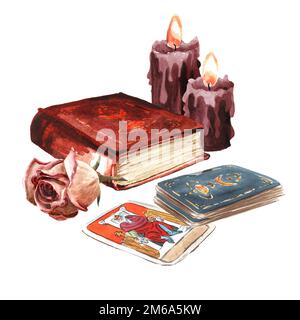 Tarot reader or fortune teller,  tarot cards, book and candles. Hand drawn watercolor illustration,  isolated on white background Stock Photo