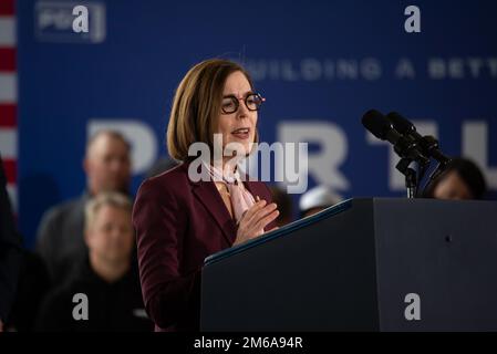 Oregon Governor, Kate Brown speaks at a presidential press conference held at Portland Air National Guard Base, Ore. on April 21, 2022. The event was an opportunity for the president and state and local leaders to speak about upcoming infrastructure improvements coming to Portland in the near future. Stock Photo