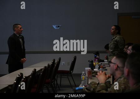Retired Sergeant Major of the Army Dan Dailey answers questions from a group of Airmen and Soldiers during a joint professional development training April 21, 2022, at the Alpena Combat Readiness Training Center, Michigan. The event focused on a variety of topics including leadership strategies, professional organizations and some of the MING’s innovative programs. Stock Photo