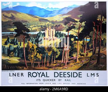Vintage LNER & LMS joint  railway travel poster advertising travel to Royal Deeside, Scotland Stock Photo