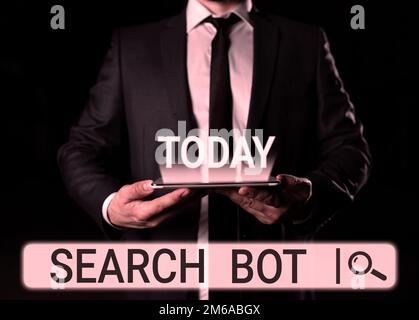 Writing displaying text Search Bot. Concept meaning a program that runs automated tasks over the Internet or network Stock Photo