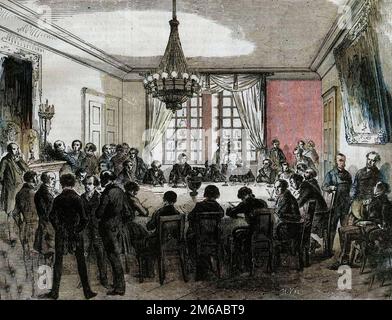 Proces du Prince Pierre (Pierre-Napoleon) Bonaparte (1815-1881) - le jury de la Haute cour de justice preparant son verdict dans la salle des deliberations - Gravure de 1870 Stock Photo