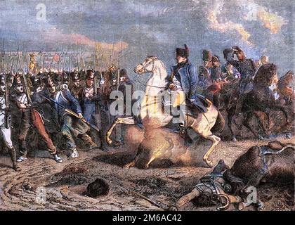 Battle of Arcis-sur-Aube, 20-21/3/1814 - shell explodes under the horse of emperor Napoleon - Bataille d'Arcis-sur-Aube (Arcis sur Aube) les 20 et 21 mars 1814 , Napoleon poussant son cheval sur un obus - 'in 'Histoire de l'empire faisant suite a l'histoire du consulat' par Adolphe Thiers - 1879 - collection privee Stock Photo