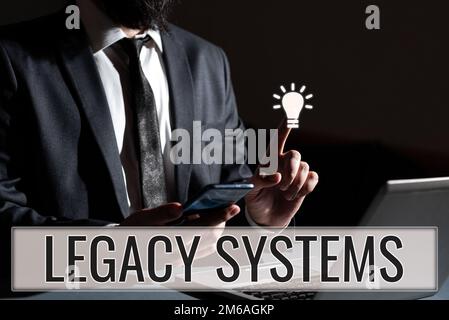Sign displaying Legacy Systems, Business approach old method technology computer system or application program Stock Photo