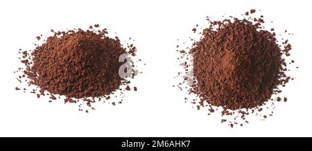 pile of ground coffee, coffea arabica, roasted coffee beans that ground to be brewed, in different angles isolated on white background, collection Stock Photo