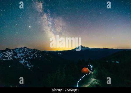 Starry sky over hiking trail at Mt Baker in Washington Stock Photo