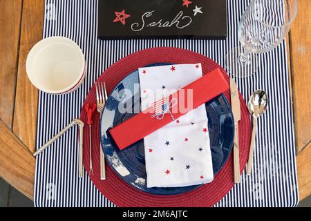 Overhead view of festive Fourth of July party table setting Stock Photo