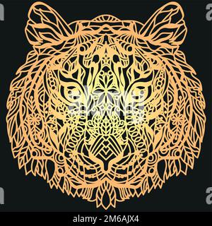 Head of tiger zentangle styled for t-shirt design, for tattoo and other decorations. Golden lines on a black background Stock Vector