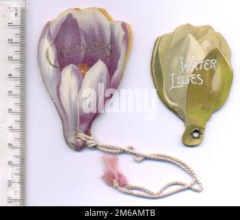 Miniature chromolithographed die cut gift booklets shaped as Crocuses and Water lilies published by Ernest Nister  (closed) circa 1891 Stock Photo