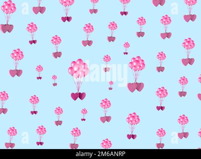 pattern 3d pink hearts with balloons on blue background, creative art love design Stock Photo