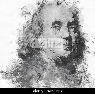 Painting Benjamin Franklin face on us one hundred dollar bill ma Stock Photo