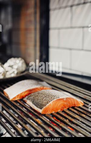 Grilled Norwegian salmon fillets in a fancy restaurant Stock Photo
