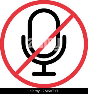 Red prohibit sign and microphone mute icon. Editable vector. Stock Vector