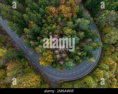 Pass road at Gempenpass in autumn, aerial view, Gempen, Solothurn, Switzerland Stock Photo