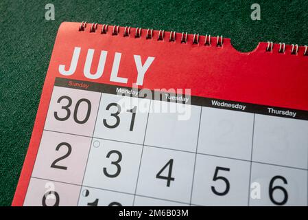 Calendar 2023, July, monthly planner for wall and desk. Close up of month and fist few days. Stock Photo