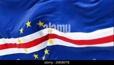 Cape Verde national flag waving. The Republic of Cabo Verde is an island country in the central Atlantic Ocean. Rippled Fabric. Textured background. S Stock Photo