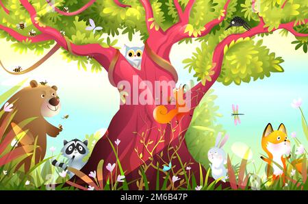 Wild Baby Animals in Woods Wallpaper for Children Stock Vector