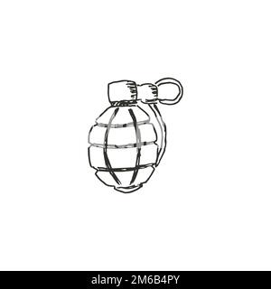 Hand drawn grenade, ink drawing sketch weapon vector, black isolated illustration on white background. Stock Vector