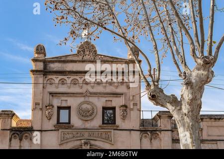 Felanitx, Spain; december 30 2022: Facade of the historic building, winemaking station, in the Mallorcan town of Felanitx, Spain Stock Photo