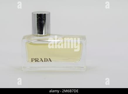Aachen February 2021: Close-up of a miniature PRADA AMBER Eau de Parfum is a noble, hypnotic amber fragrance that women know they deserve Stock Photo