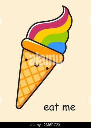 Kawaii rainbow ice cream. Postcard Eat me. Vector illustration Stock Vector