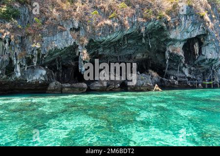 Approaching Monkey Island in the small cove on Koh Phi Phi Don in Thailand Stock Photo