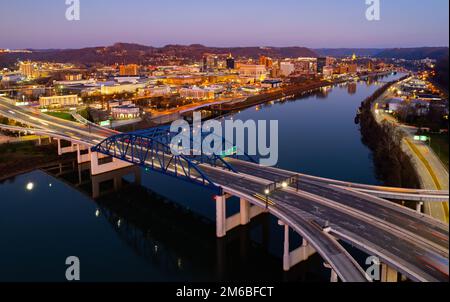 An aerial shot of downtown Charleston, West Virginia at night. Stock Photo