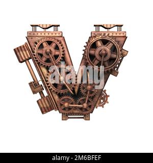 V isolated rusted letter with gears on white Stock Photo