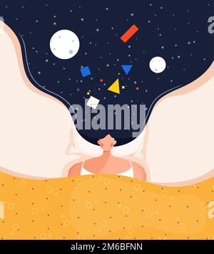 Abstract Spiritual Harmony - Sleeping woman character with abstract thoughts and stars in her hair. Imagination Concept in Flat style - Stock illustra Stock Vector