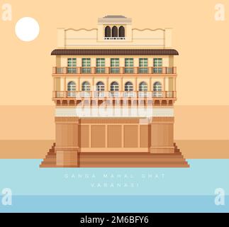 Varanasi City - Ganga Mahal Ghat -  Icon Illustration as EPS 10 File Stock Vector