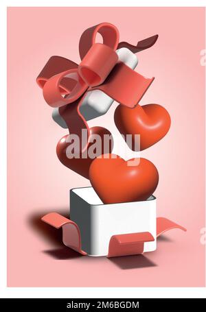 3D gift with red hearts. Valentine's Day map. 3D vector illustration. EPS10 Stock Vector