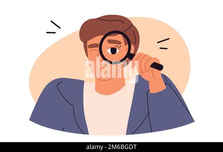 Finding Solutions concept. Business man is making research with a magnifying glass. Find technology idea. Flat vector illustration Stock Vector