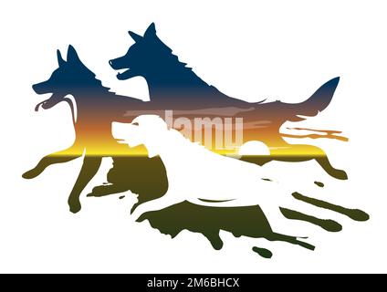 Three running dogs, sunset. Silhouettes of dogs running on the background of the setting sun. Isolated on white background. Vector available. Stock Vector