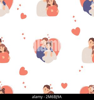 Seamless pattern with cute couple in love. Happy people hugging on white background with heart. Vector illustration. Romantic endless background valen Stock Vector