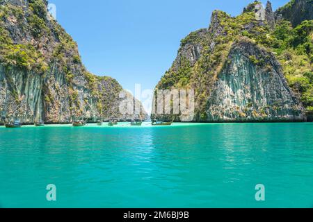 Approaching Monkey Island in the small cove on Koh Phi Phi Don in Thailand Stock Photo