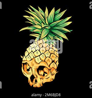 Vector skull pineapple. Exotic tropical fruit. Sketch,print. Pop art. Perfect for posters. Stock Vector