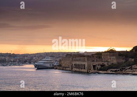 Sunset over Manoel Island, Msida Marina and Marsamxett Harbour, Malta. Stock Photo