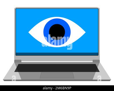 Illustration of a notebook with an eye on a display showing the spying software installed on the computer Stock Photo