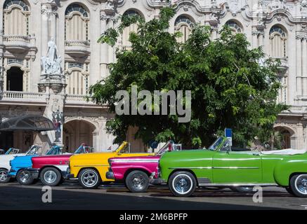 Colorful old american Cabriolet classic cars park in the Oold town from Havana Cuba Stock Photo