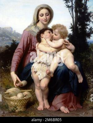 Sainte Famille (The Holy Family) painted by nineteenth-century French painter William-Adolphe Bouguereau in 1863. It depicts the virgin Mary with Jesus and John the Baptist as infants Stock Photo
