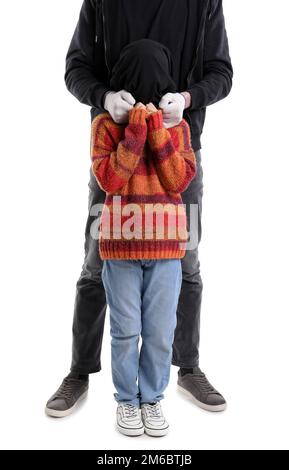 Terrorist and scared little hostage on white background Stock Photo