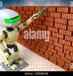 robot worker laying bricks Stock Photo